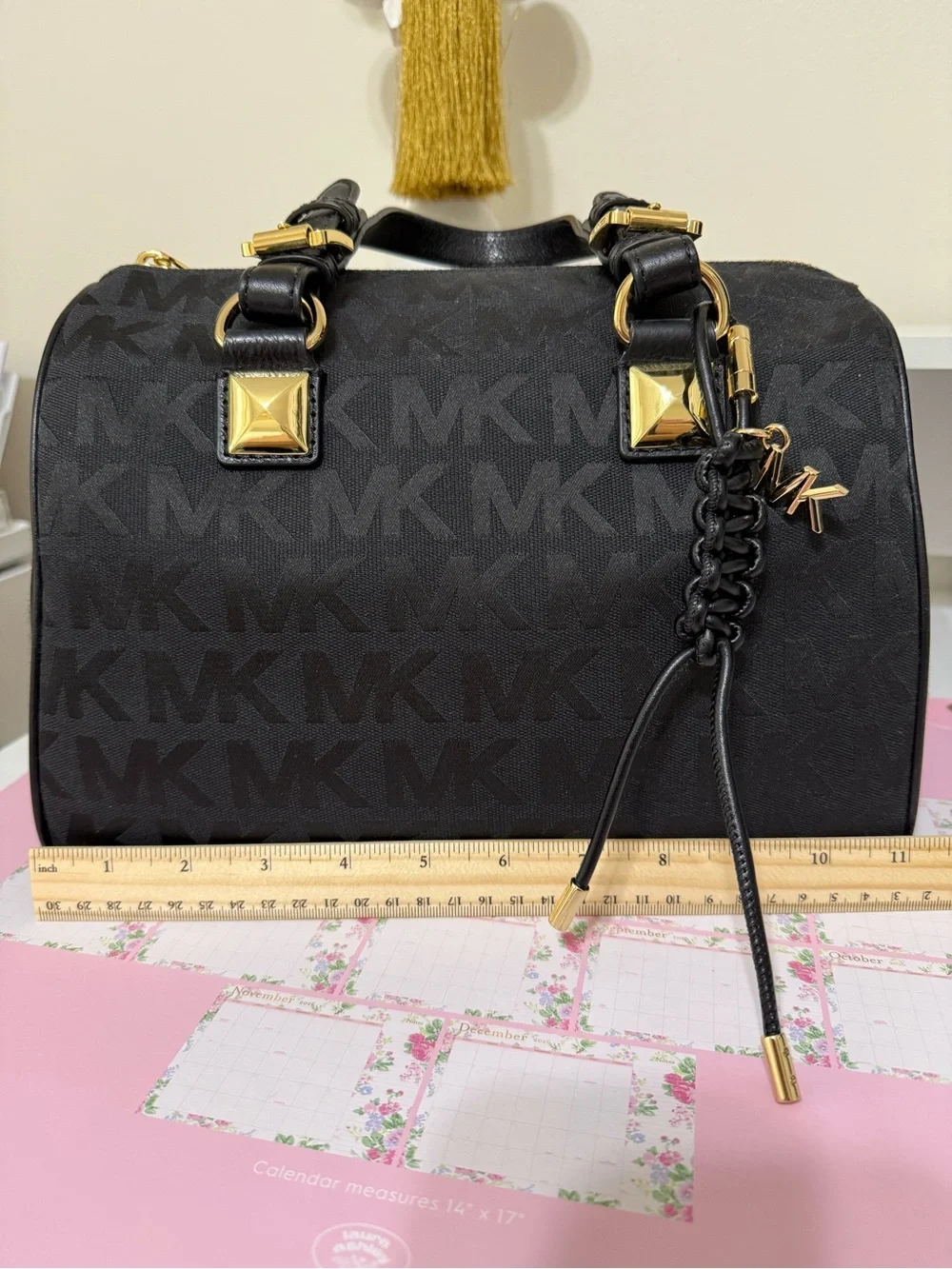Michael Kors Logo-Print Handbag With Leather Handles And Leather Bag Charm.